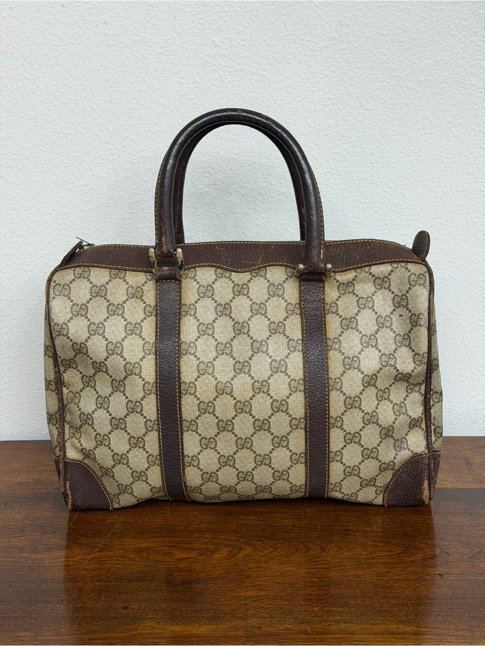 Vintage Gucci GG Monogram Boston Bag Brown Canvas & Leather
